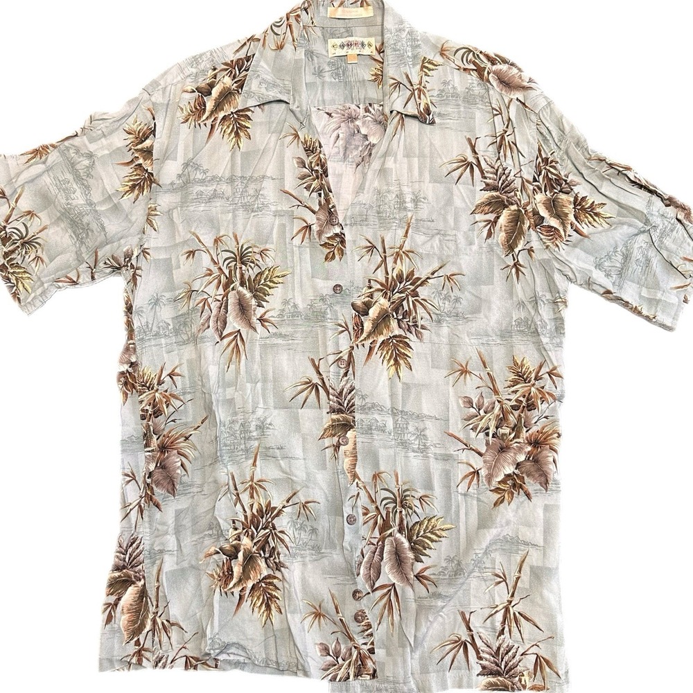 Campia Moda Men's Tropical Floral Rayon Button-Up Shirt Gray Brown Beige M